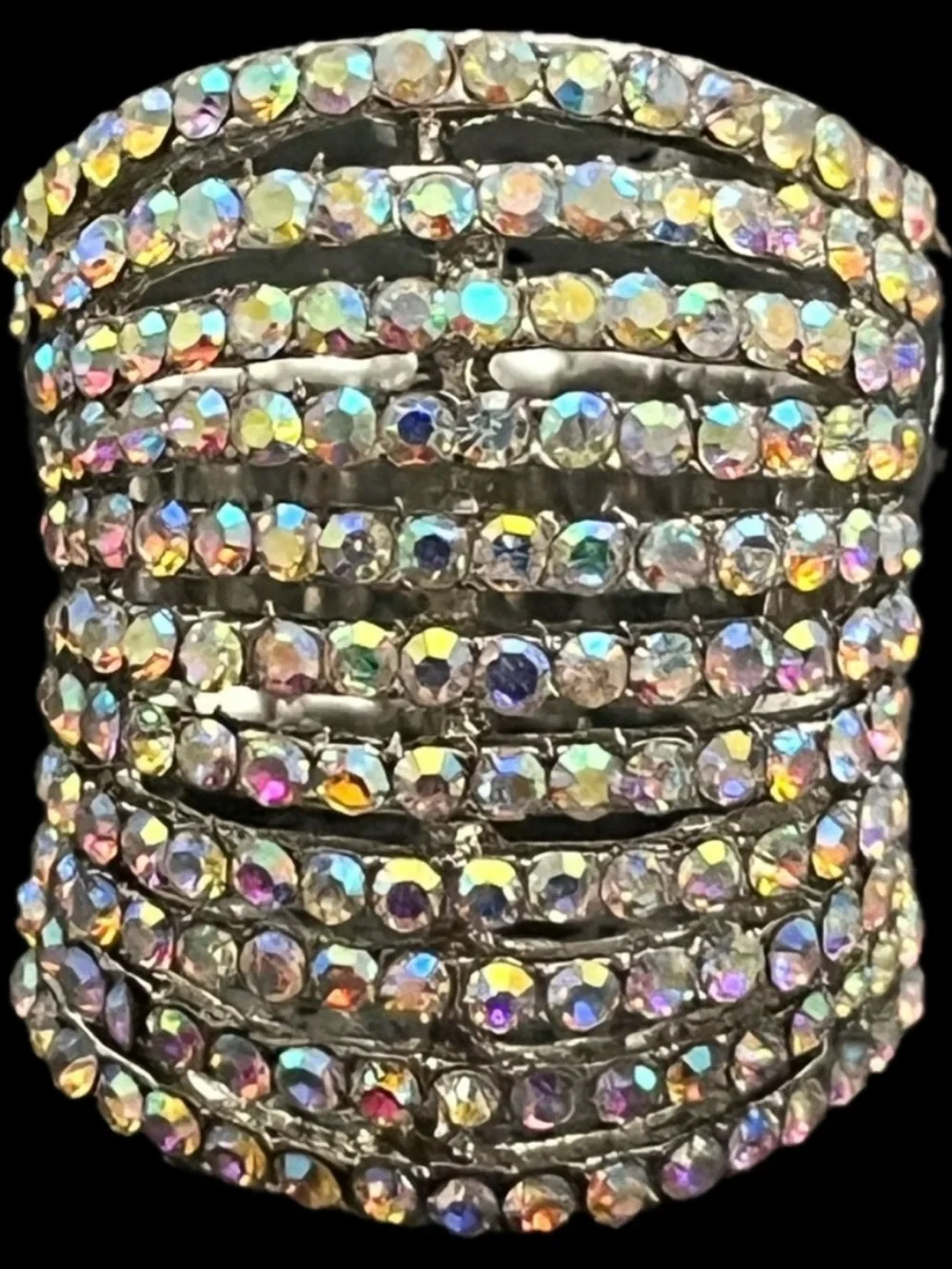 rainbow crystal rhinestone CZ statement aurora borealis cocktail ring silver
